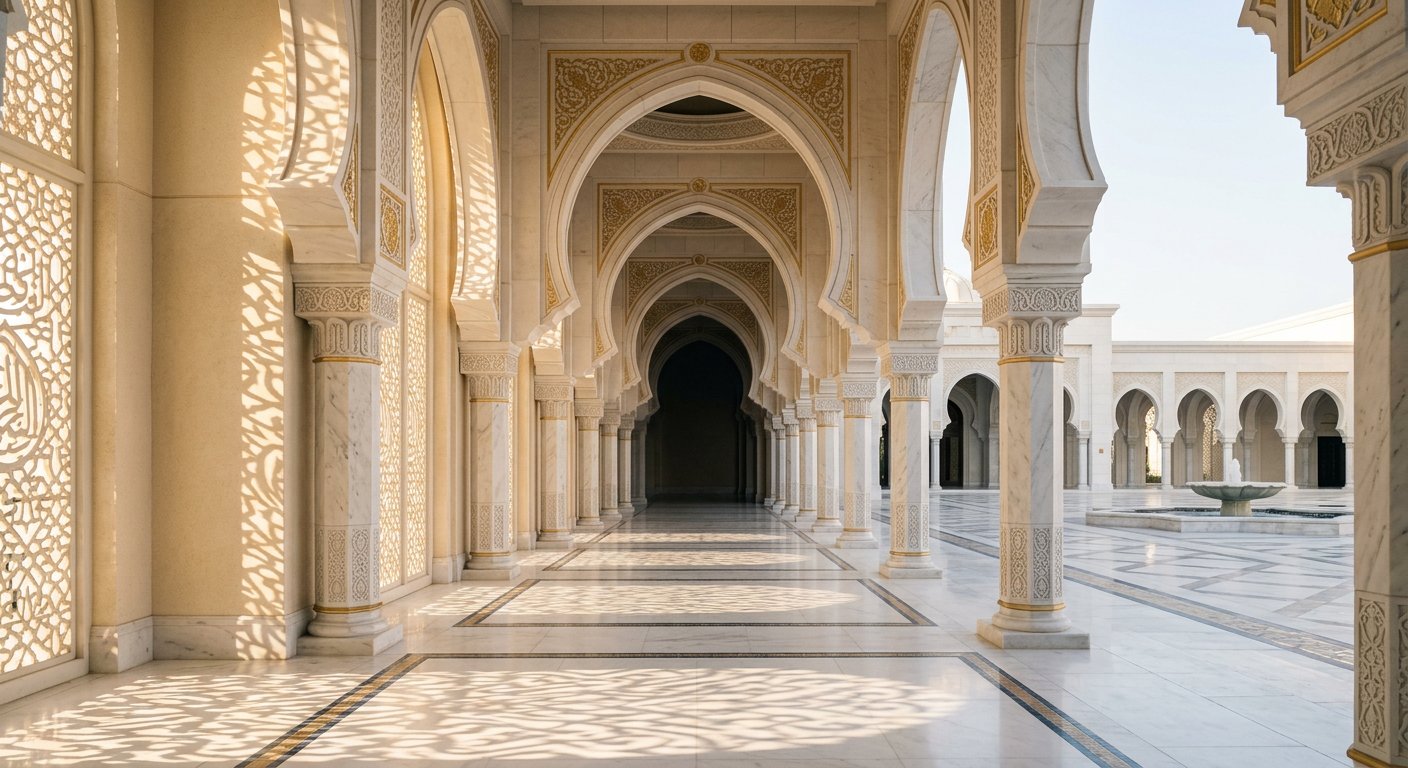 Grand marble colonnade of an official majlis in warm morning light